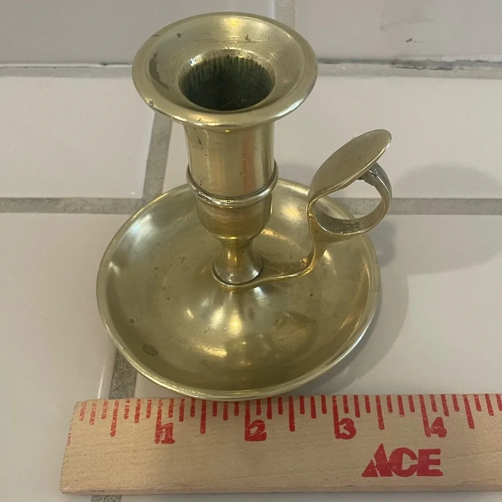 Vintage Handmade Brass Chamber Stick Candle Holder with Finger Loop & Drip